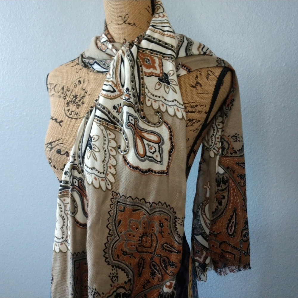Brown Orange Neck Scarf Shawl Fringe Paisley - Picture 1 of 3